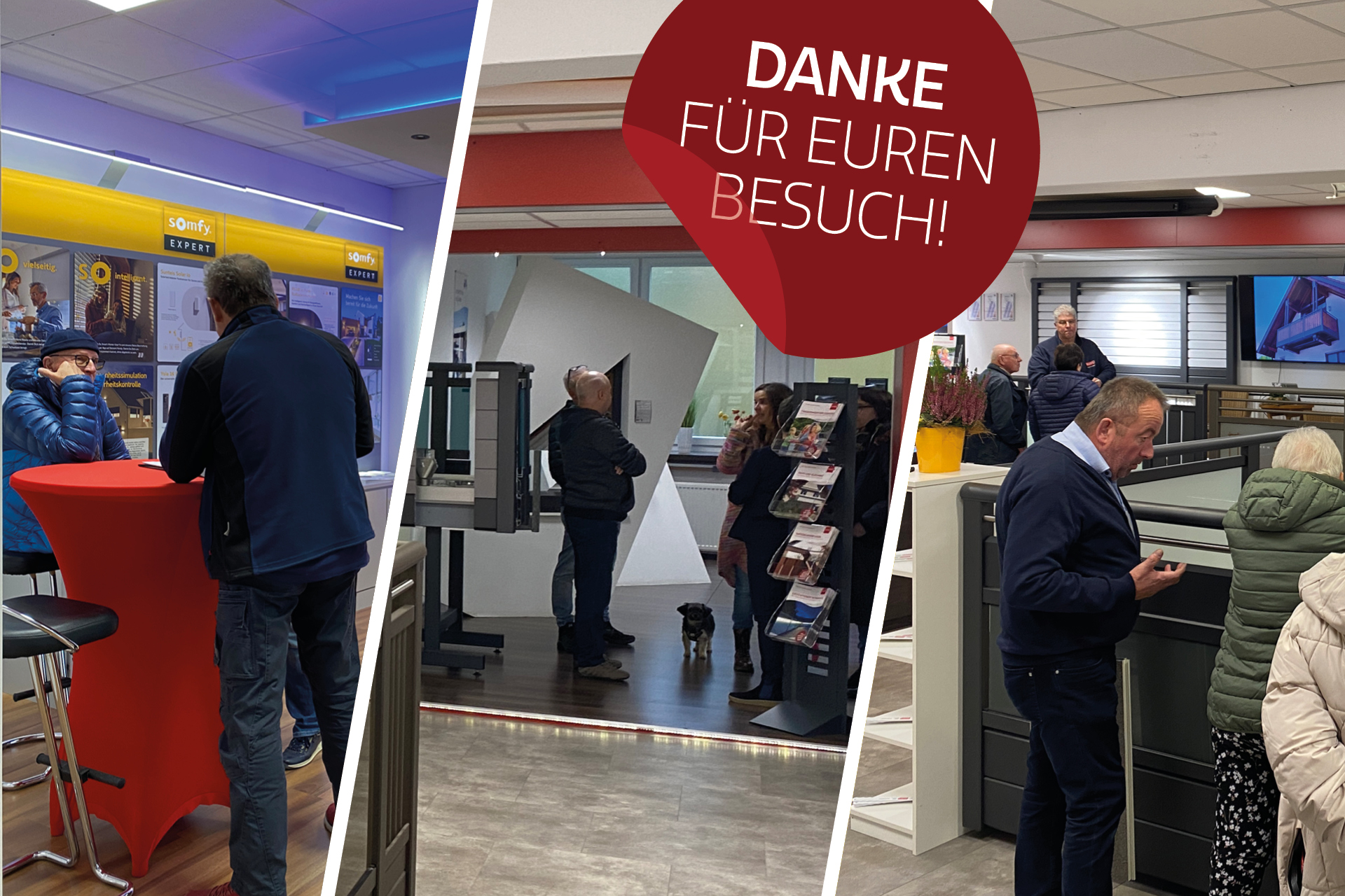 Ausschnitte von Bildern der Hausmesse. Berater unterhalten sich mit Interessierten.